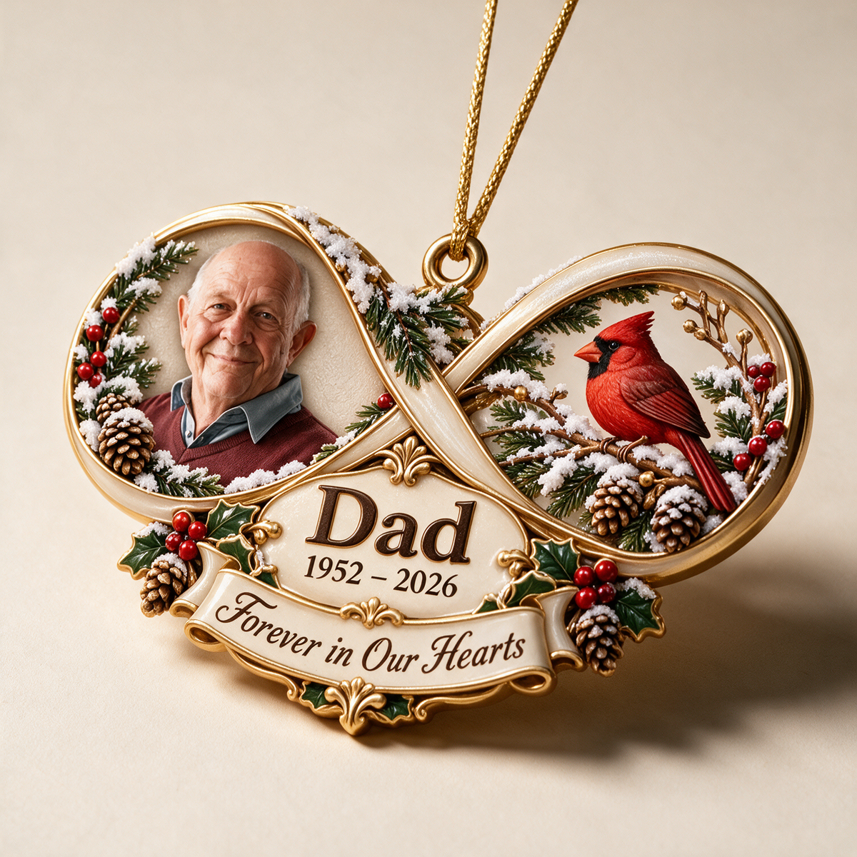 Personalized Custom Photo Dad Memorial Infinity Cardinal 3D Ornament - Christmas Remembrance Keepsake