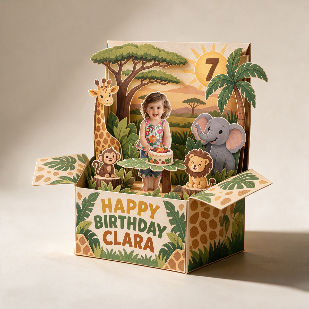 Carte Pop Up d'Anniversaire Safari Personnalisée - Photo, Nom et Âge
