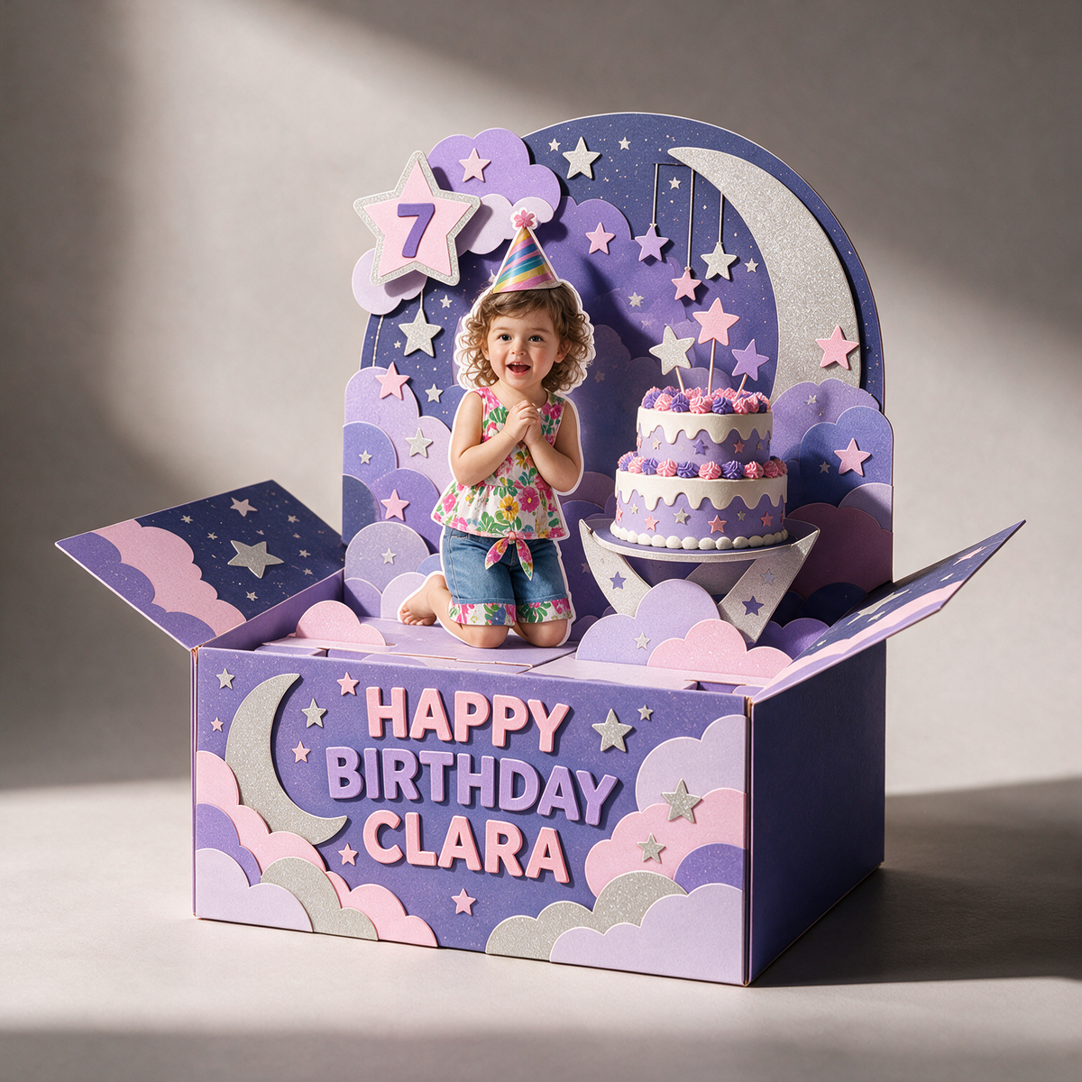 Carte Pop-Up Personnalisée Lune et Étoiles - Gâteau d'Anniversaire avec Photo, Nom et Âge Personnalisés