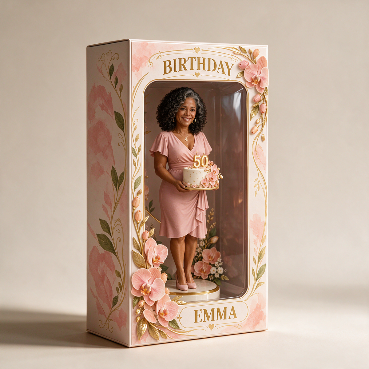 Figurine Personnalisée en Photo Pêche Orchidée dans Boîte Acrylique - Cadeau d'Anniversaire pour Femmes