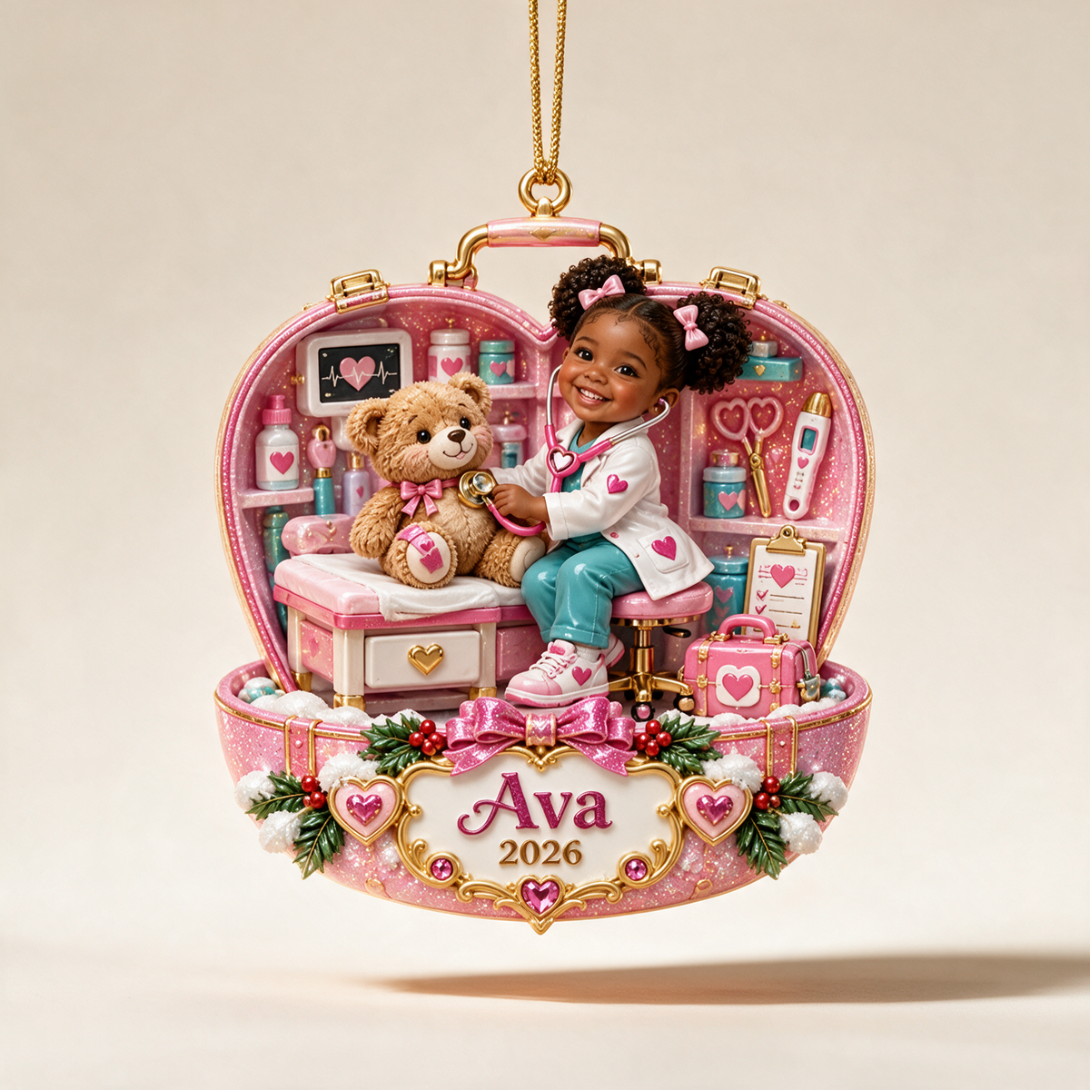 Personalized Custom Photo Doctor and Teddy Bear 3D Ornament - 2026 Christmas Gift for Little Girls