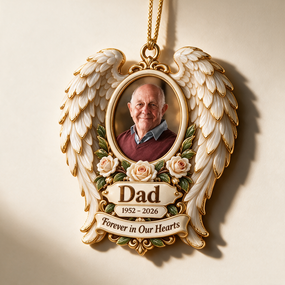 Personalized Custom Photo Dad Memorial Angel Wings Rose 3D Ornament - Christmas Remembrance Keepsake