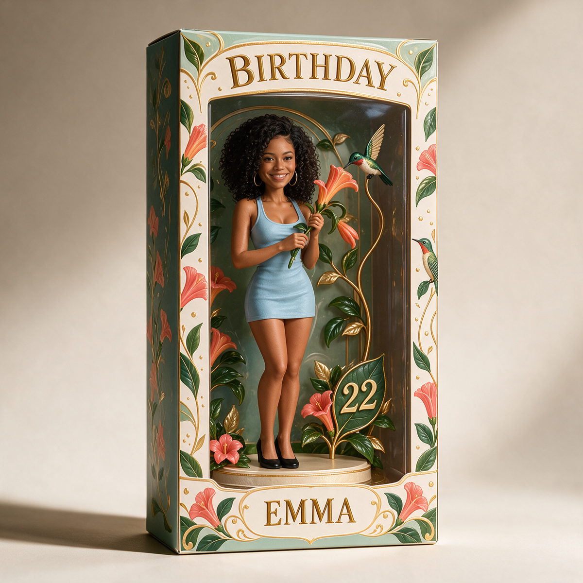 Boîte d'Affichage d'Anniversaire Personnalisée - Figurine Portrait avec Colibri, Nom et Âge