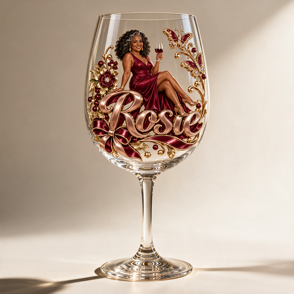 Personalized Custom Photo Floral Butterfly Wine Glass - Gift for Older Women
