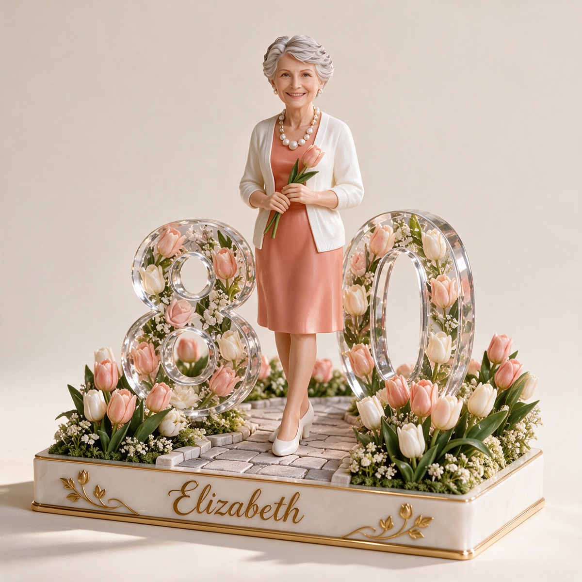 Figurine d'anniversaire personnalisée - Portrait sur mesure, cadeau souvenir jardin de tulipes