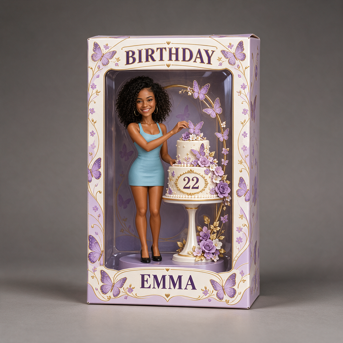 Boîte d'Affichage d'Anniversaire Personnalisée - Figurine Portrait avec Gâteau Papillon, Nom et Âge
