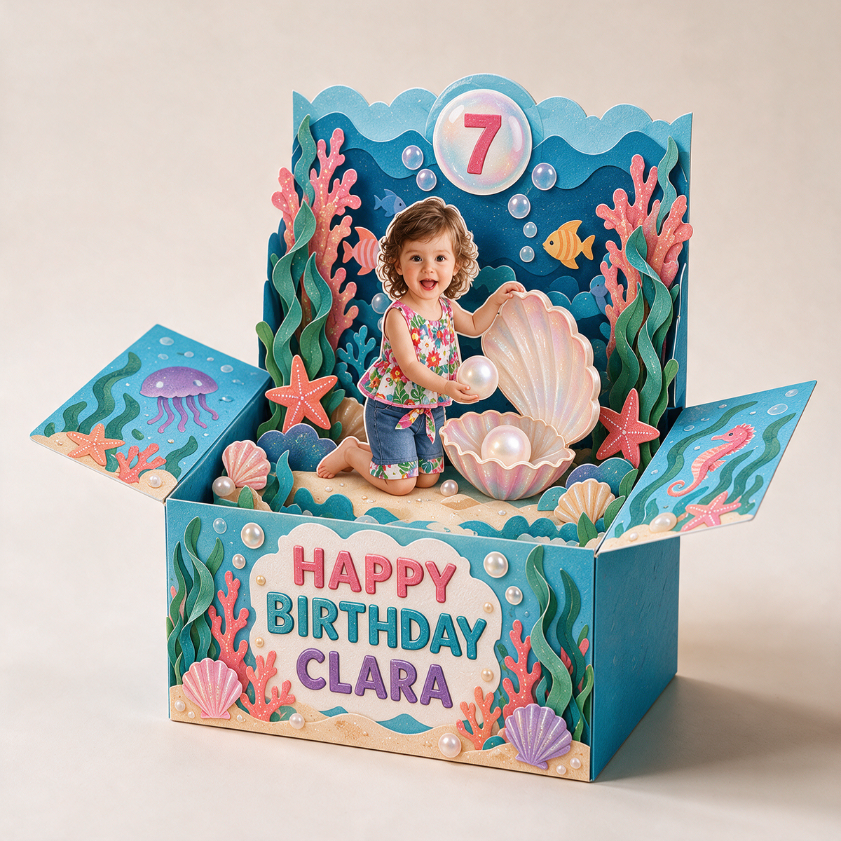 Carte Pop-Up Personnalisée Sous-Marine - Cadeau d'Anniversaire Coquillage et Perle avec Photo, Nom et Âge Personnalisés
