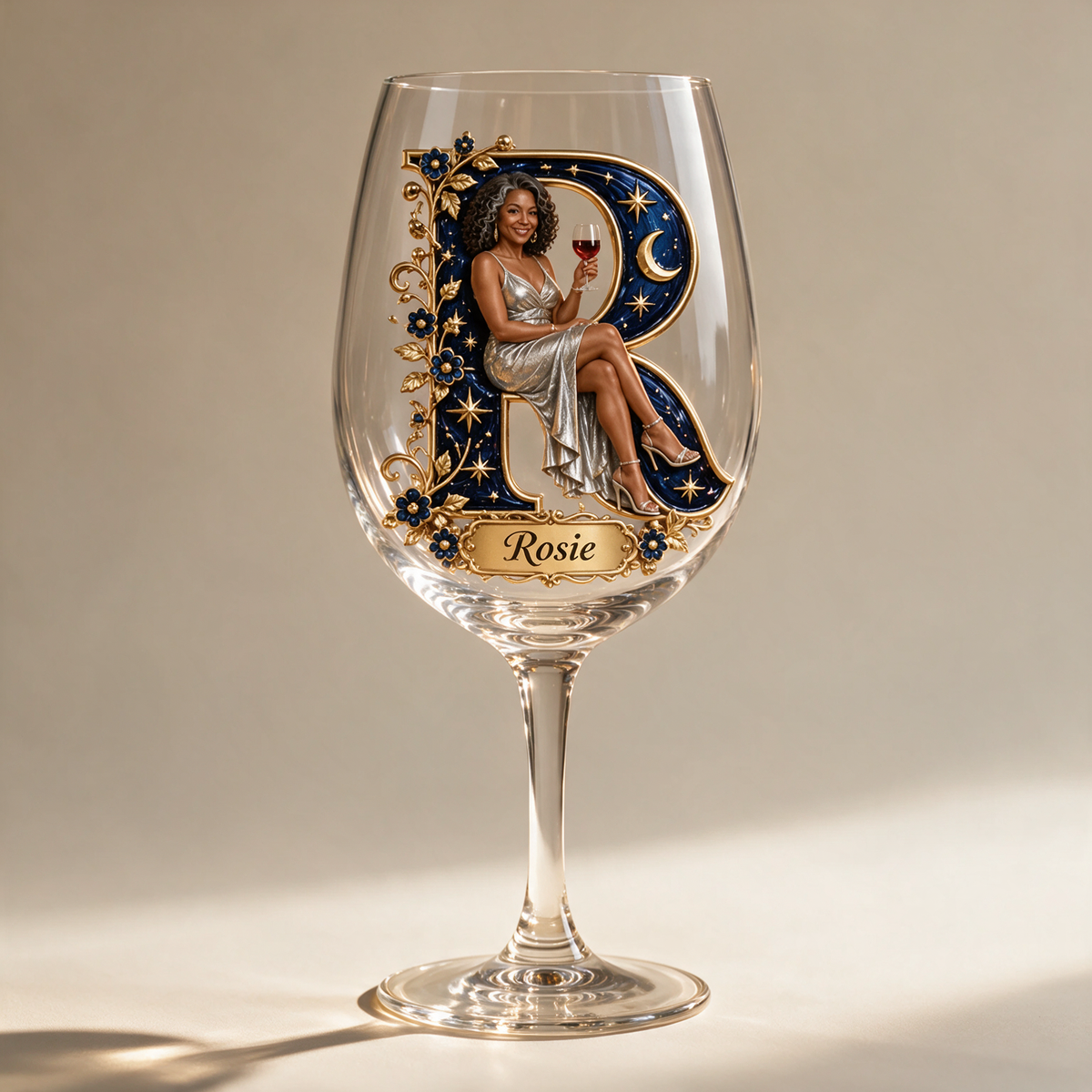 Personalized Custom Photo Celestial Wine Glass - Gift for Older Women
