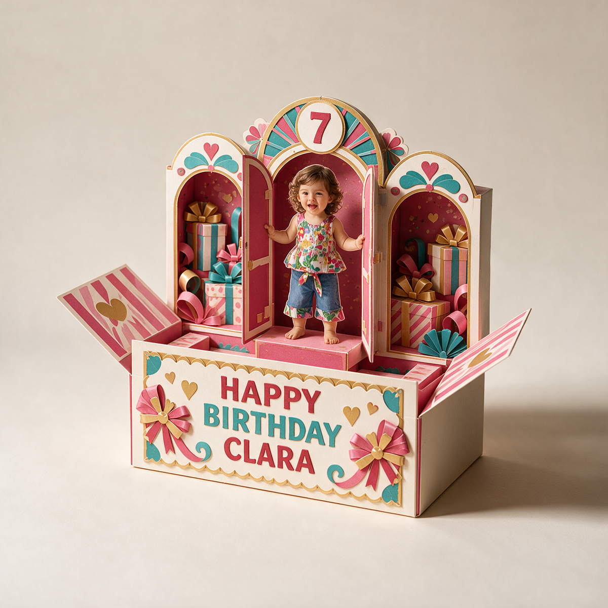 Carte Pop Up d'Anniversaire Personnalisée - Fenêtres Arrondies avec Photo, Nom et Âge Personnalisés