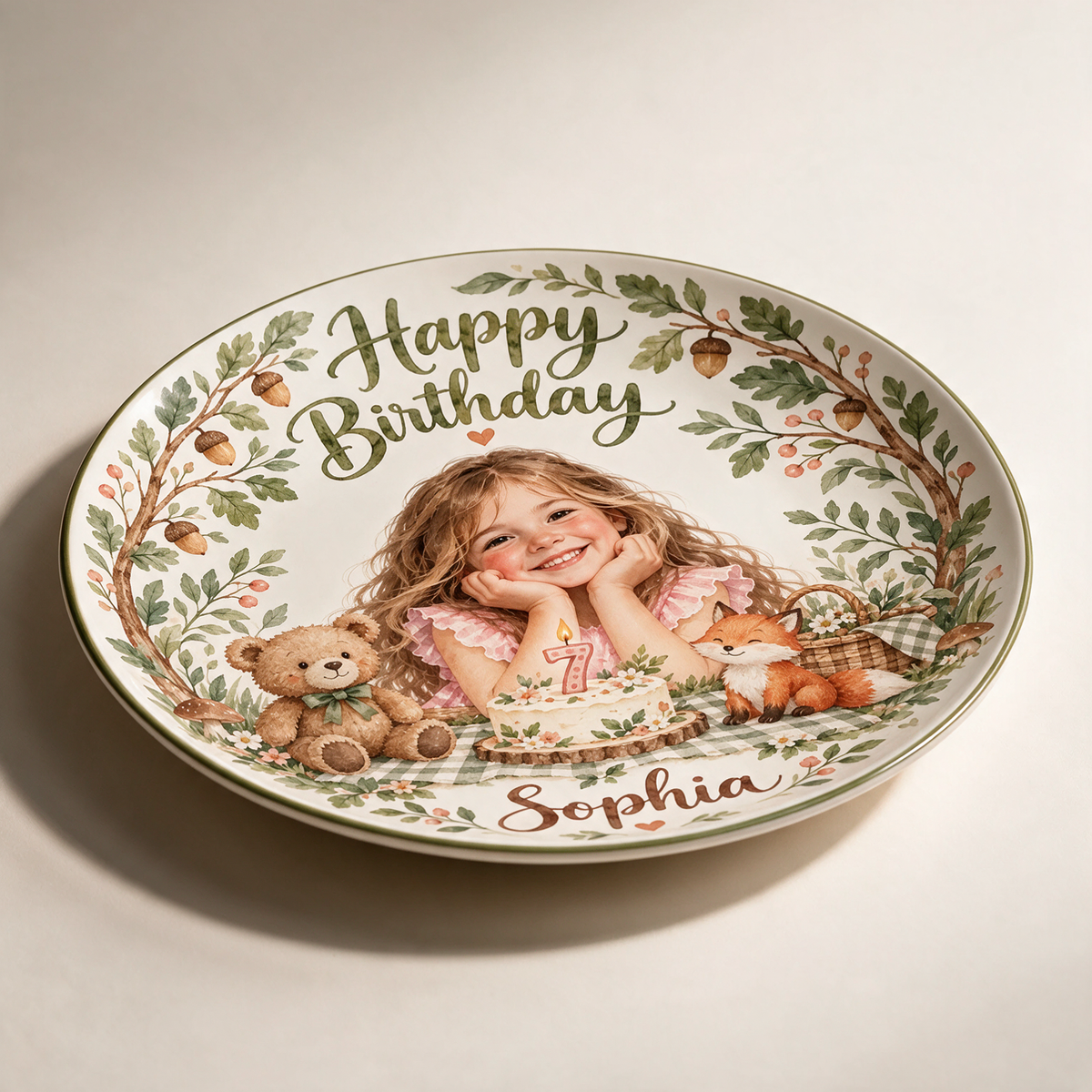 Personalized Birthday Ceramic Round Plate - Woodland Watercolor Portrait Gift