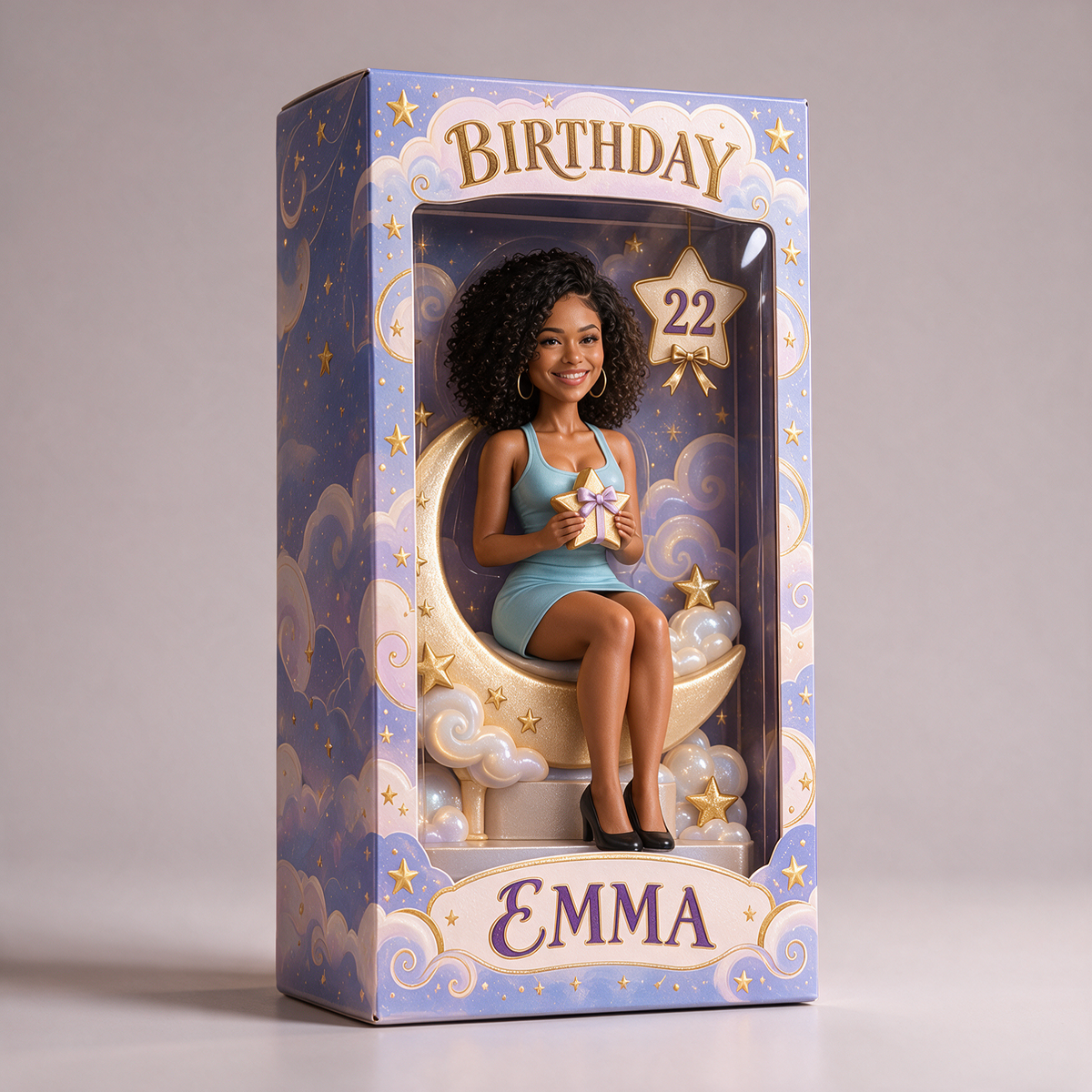 Boîte d'Affichage Personnalisée Lune et Étoiles - Figurine de Portrait d'Anniversaire avec Nom et Âge
