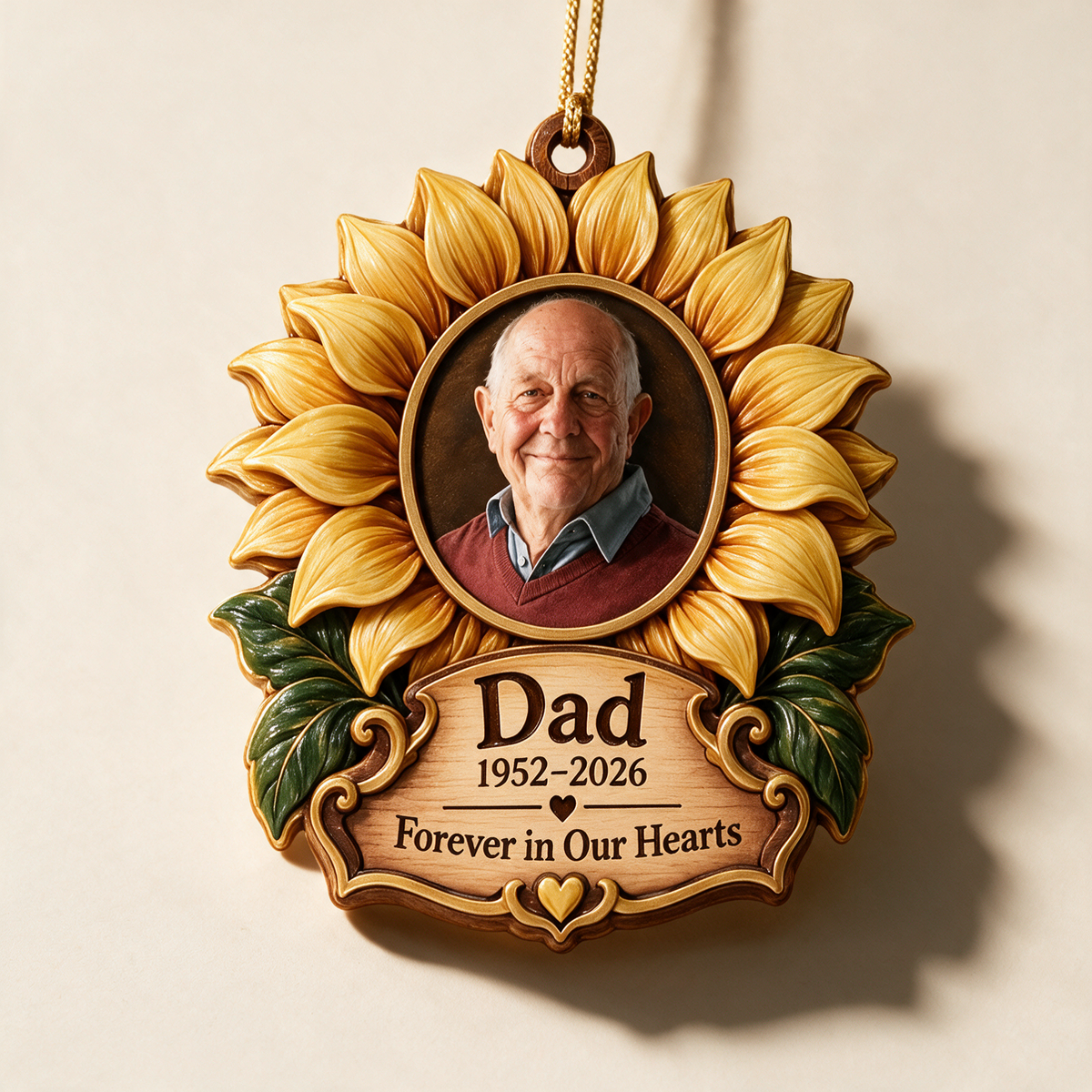 Personalized Custom Photo Dad Memorial Sunflower Layered Wood Ornament - Christmas Remembrance Keepsake