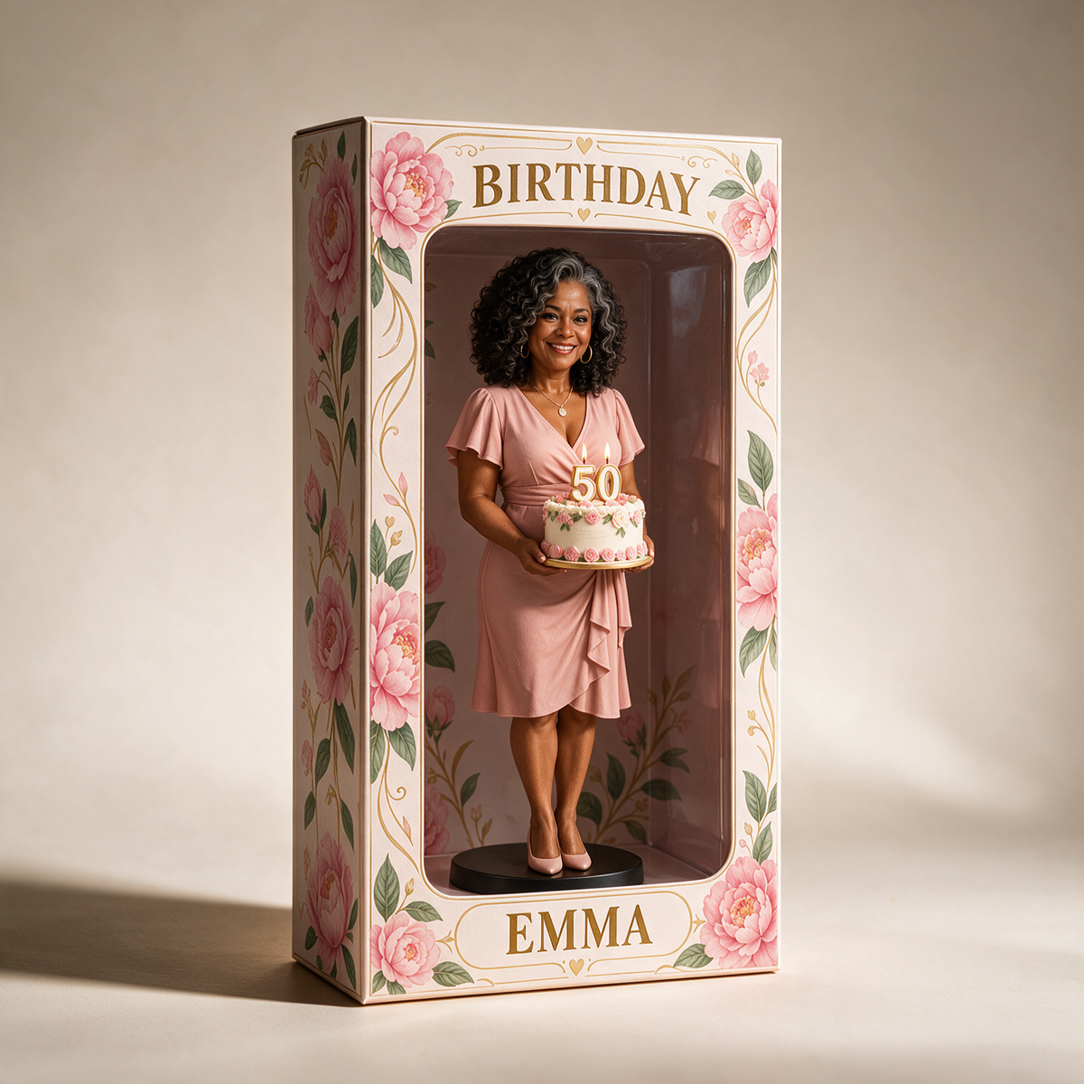 Personalized Custom Photo Pink Peony Figurine Display Box - 50th Birthday Gift for Women