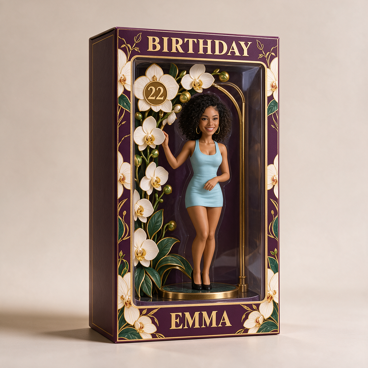 Boîte d'Affichage d'Orchidée Personnalisée pour Anniversaire - Figurine Portrait Photo avec Nom et Âge