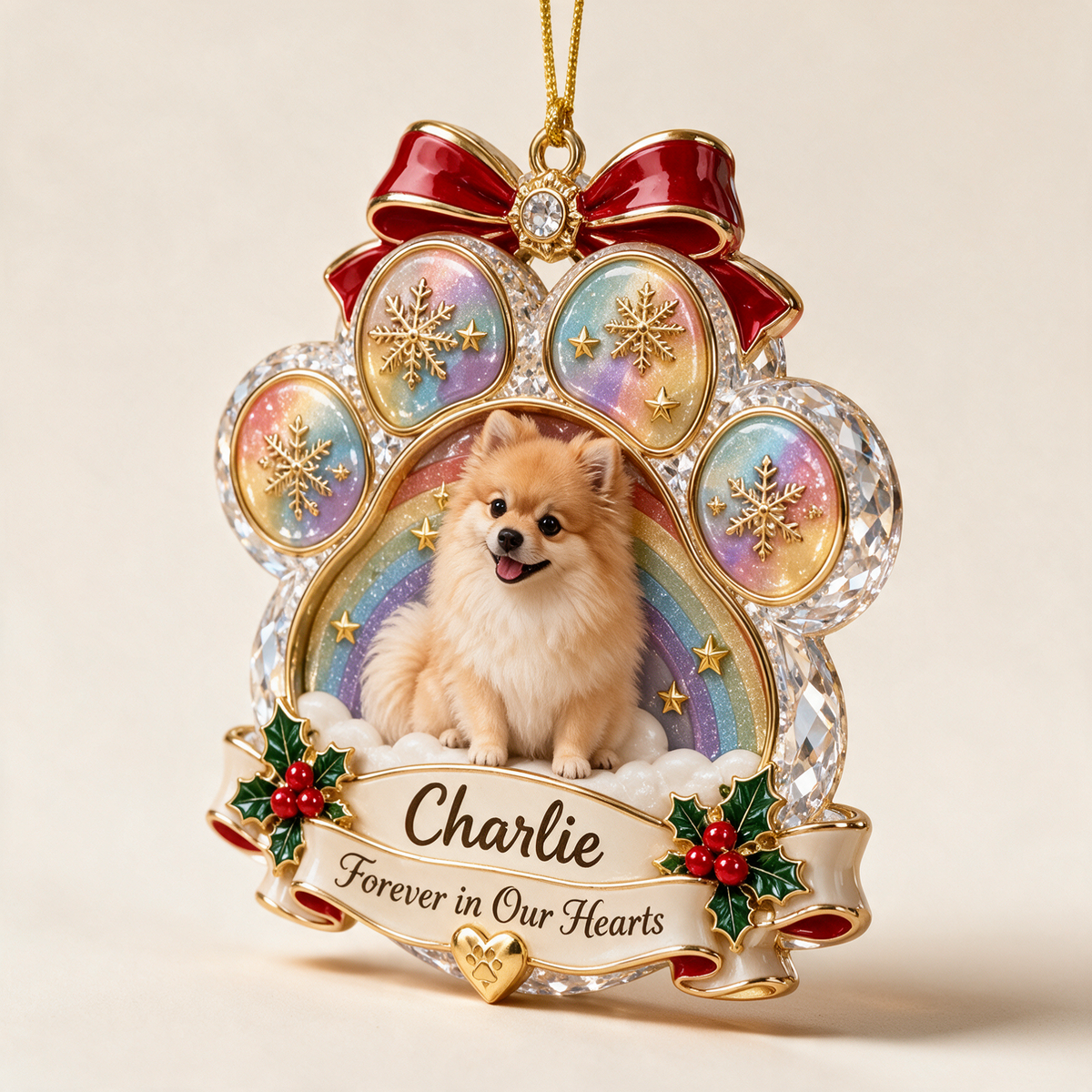 Personalized Custom Photo Pomeranian Memorial 3D Rainbow Paw Ornament - Christmas Dog Lover Gift