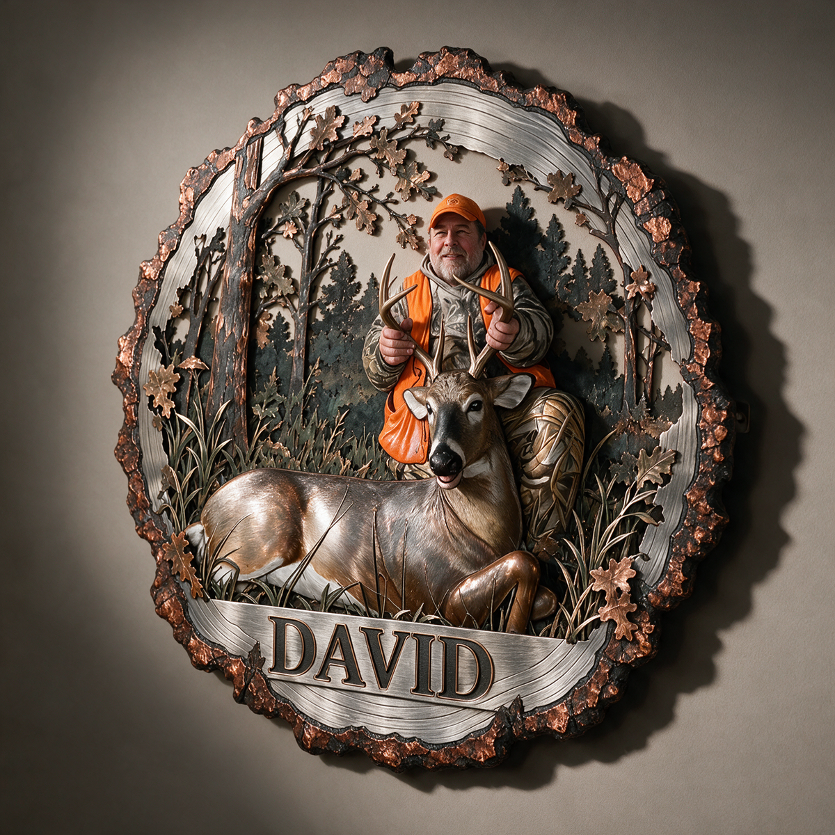 Personalized Custom Photo Deer Hunting 3D Metal Wall Art - Rustic Tree Border Gift for Older Men