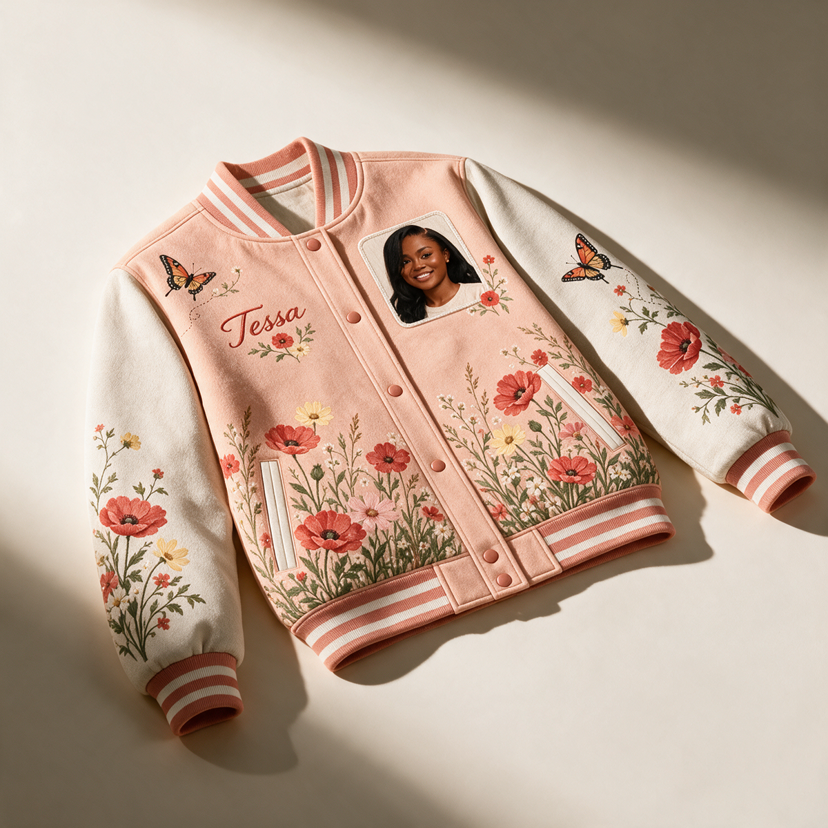 Personalisierte Poppy Meadow Varsity Jacke - Damen Foto und Name Botanisches Design