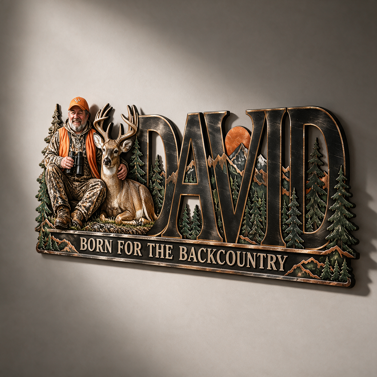 Plaque Métallique Personnalisée de Chasse - Art Mural Photo et Nom avec Design Forêt et Montagne