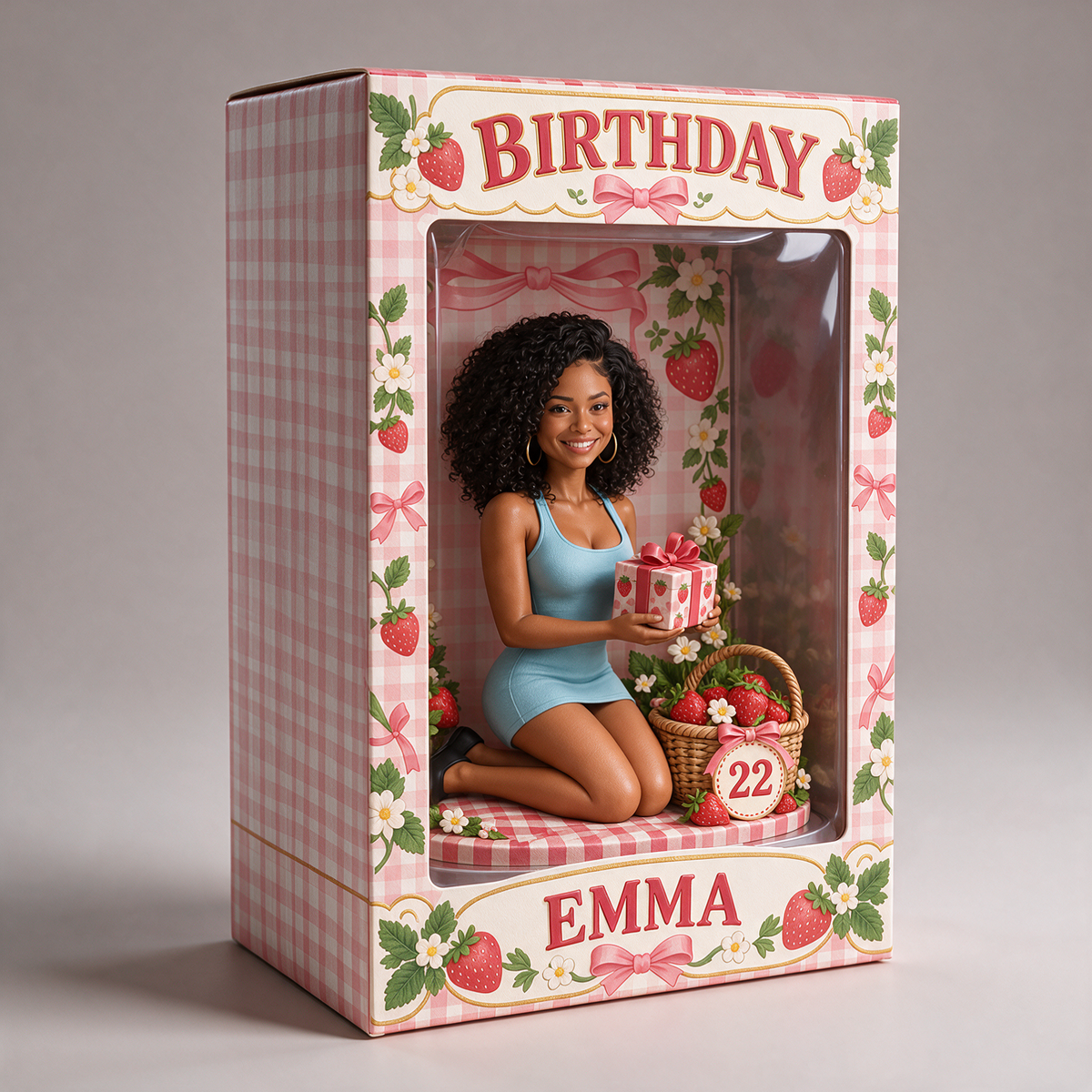 Boîte à fenêtre d'anniversaire personnalisée - Figurine portrait fraise, nom et âge