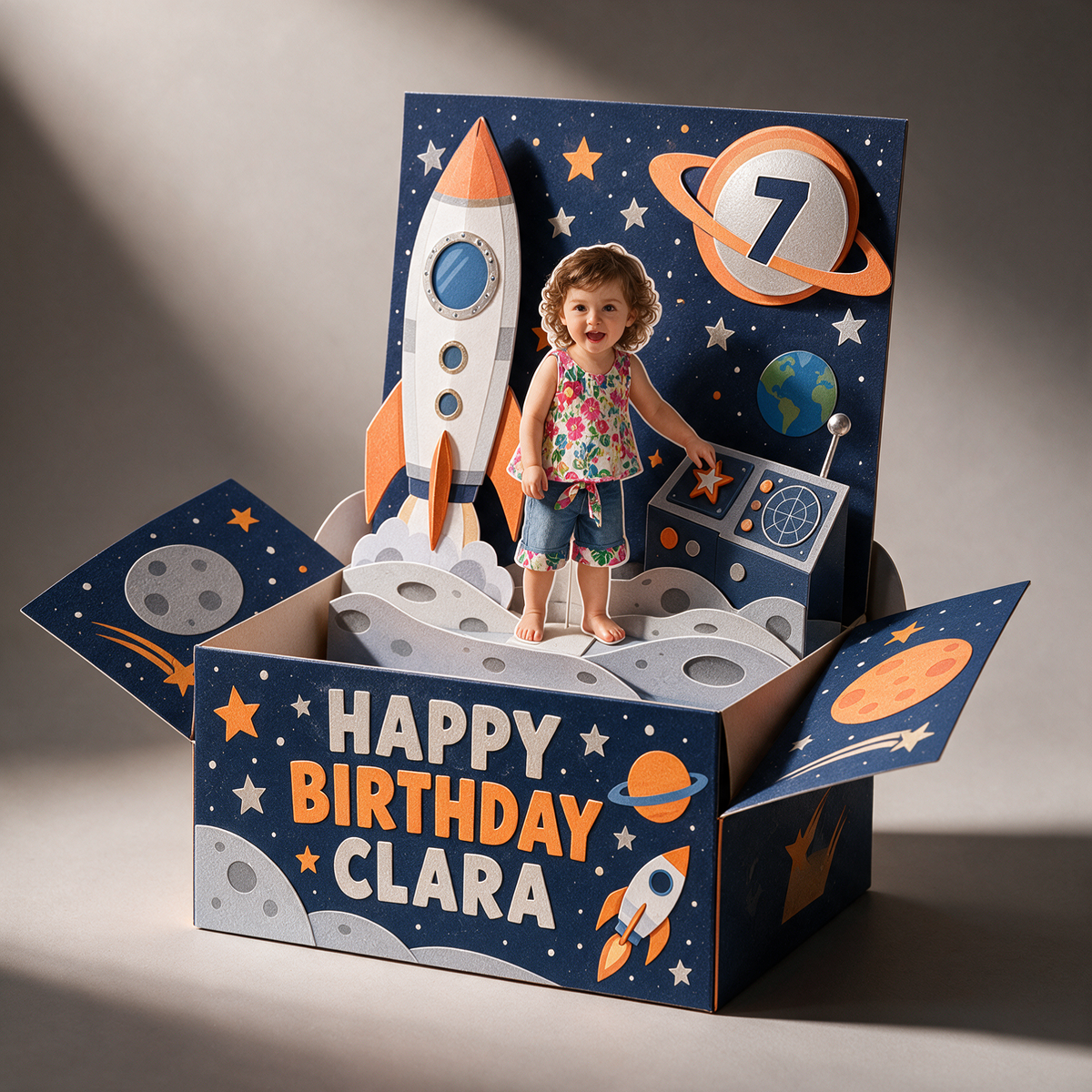 Carte Pop-Up Personnalisée Fusée Spatiale - Cadeau d'Anniversaire avec Photo, Nom et Âge Personnalisés