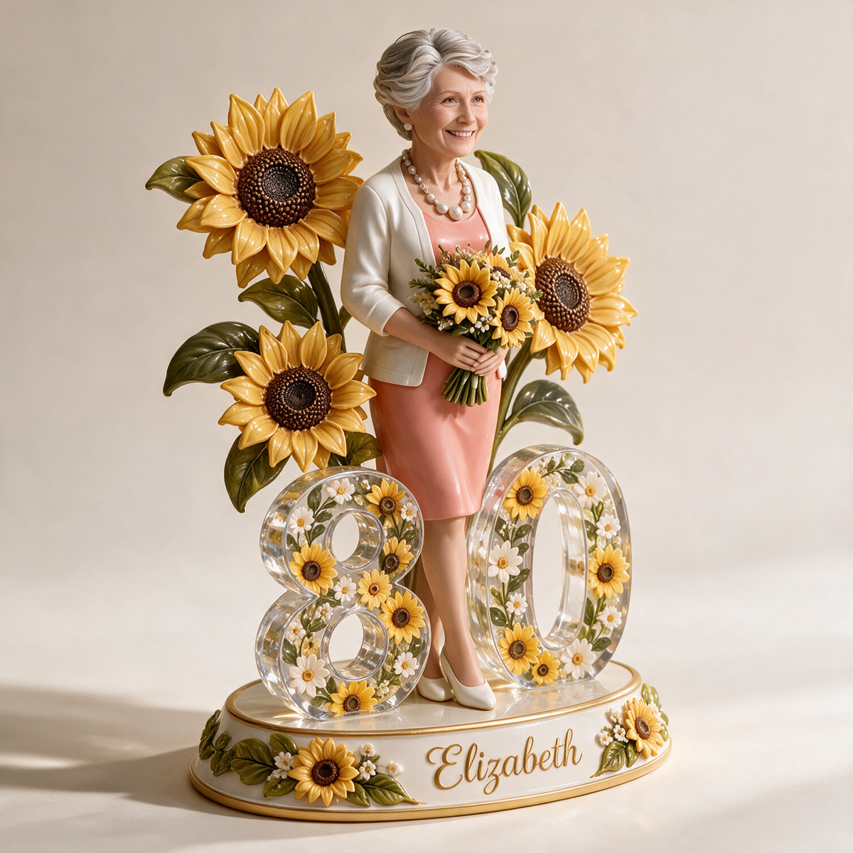 Personalisierte Geburtstagsfigur - Individuelles Porträt, Sonnenblumen-Geschenk