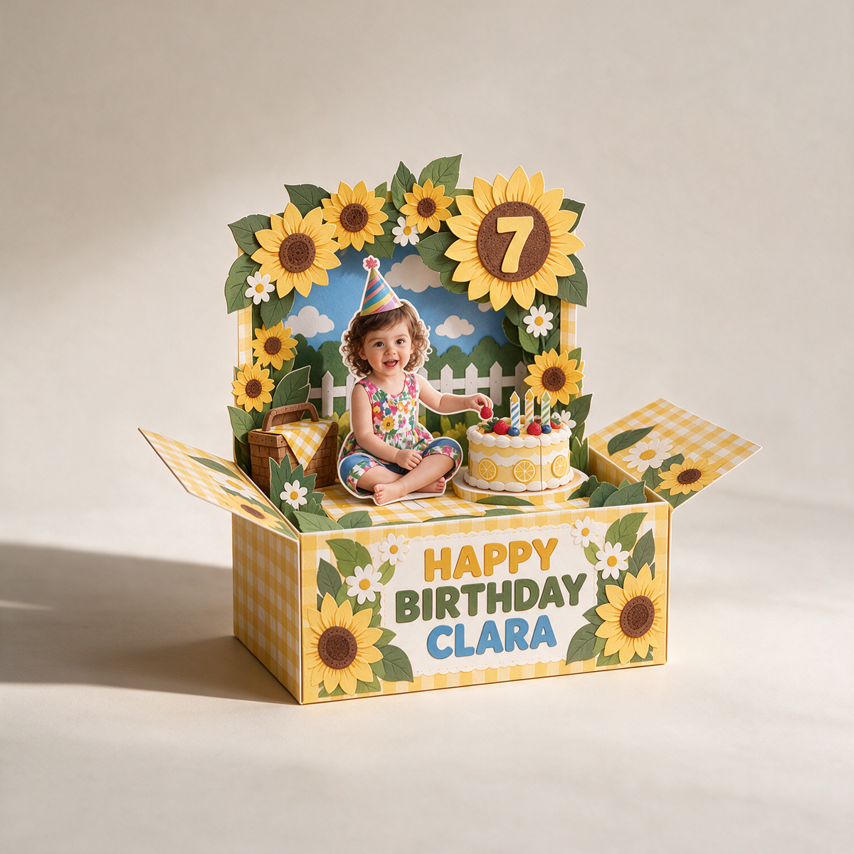 Carte Pop-Up Personnalisée Tournesol - Gâteau d'Anniversaire avec Photo, Nom et Âge