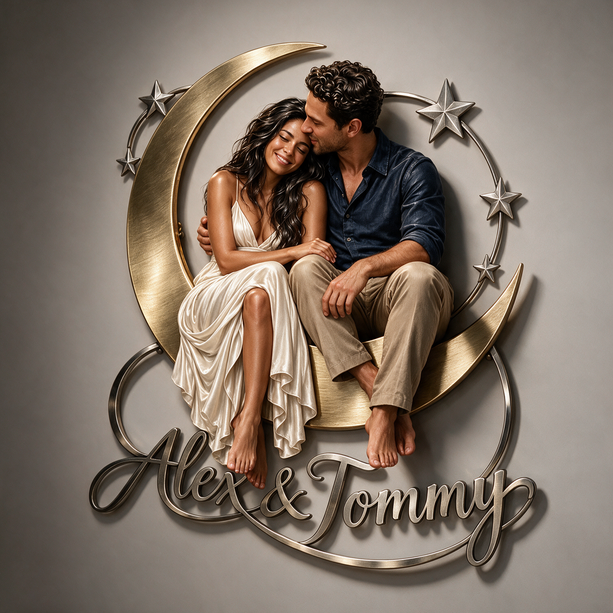Art mural en métal 3D personnalisé photo lune et étoiles - Cadeau déco chambre pour jeunes couples