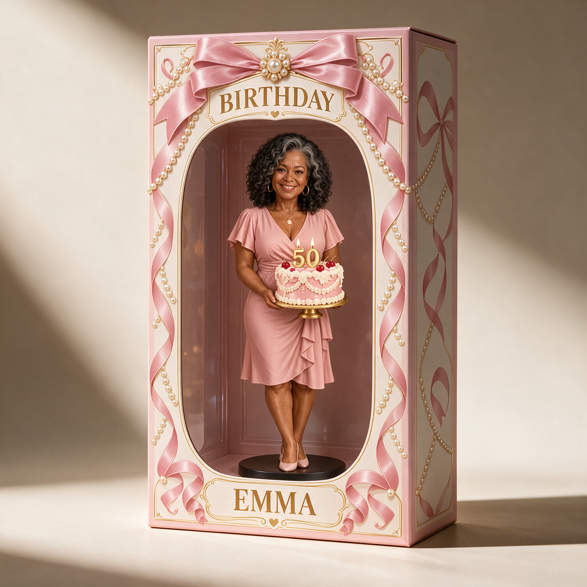 Personalized Custom Photo Pearl Bow Figurine in Acrylic Display Box - 50th Birthday Gift for Women