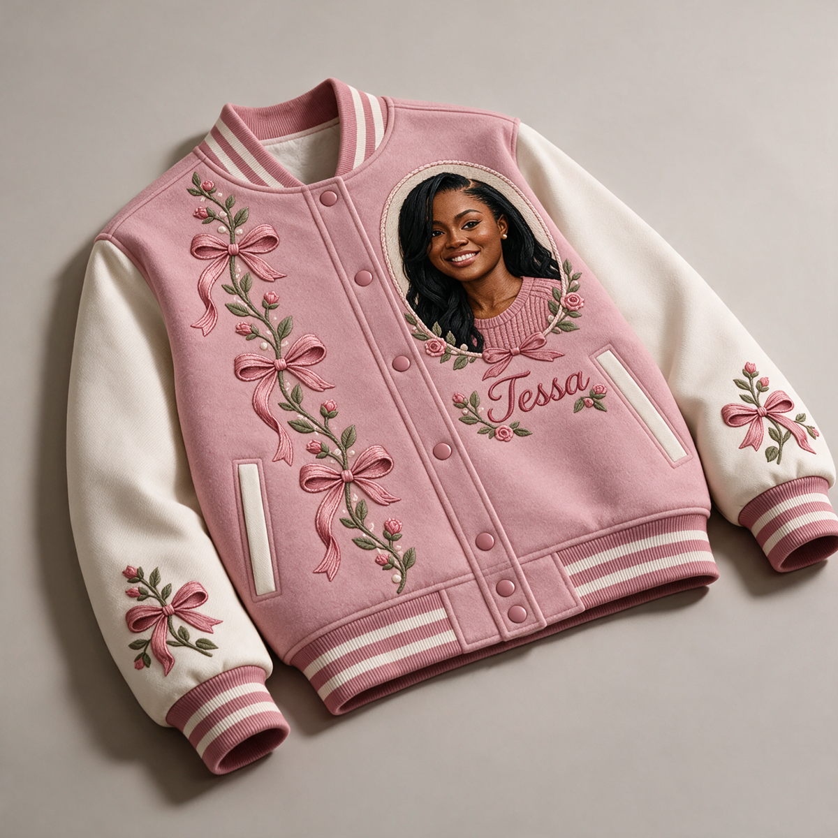 Personalized Rose Bow Varsity Jacket - Women's Birthday Gift with Portrait and Name