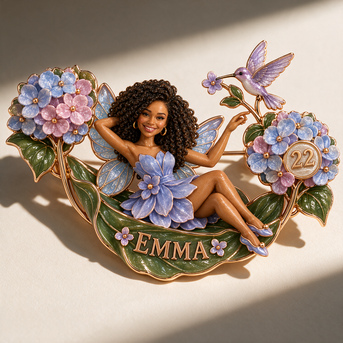 Personalisierte Hortensie Hängematte Traumfee Brosche - Geburtstagsgeschenk mit Foto, Name und Alter