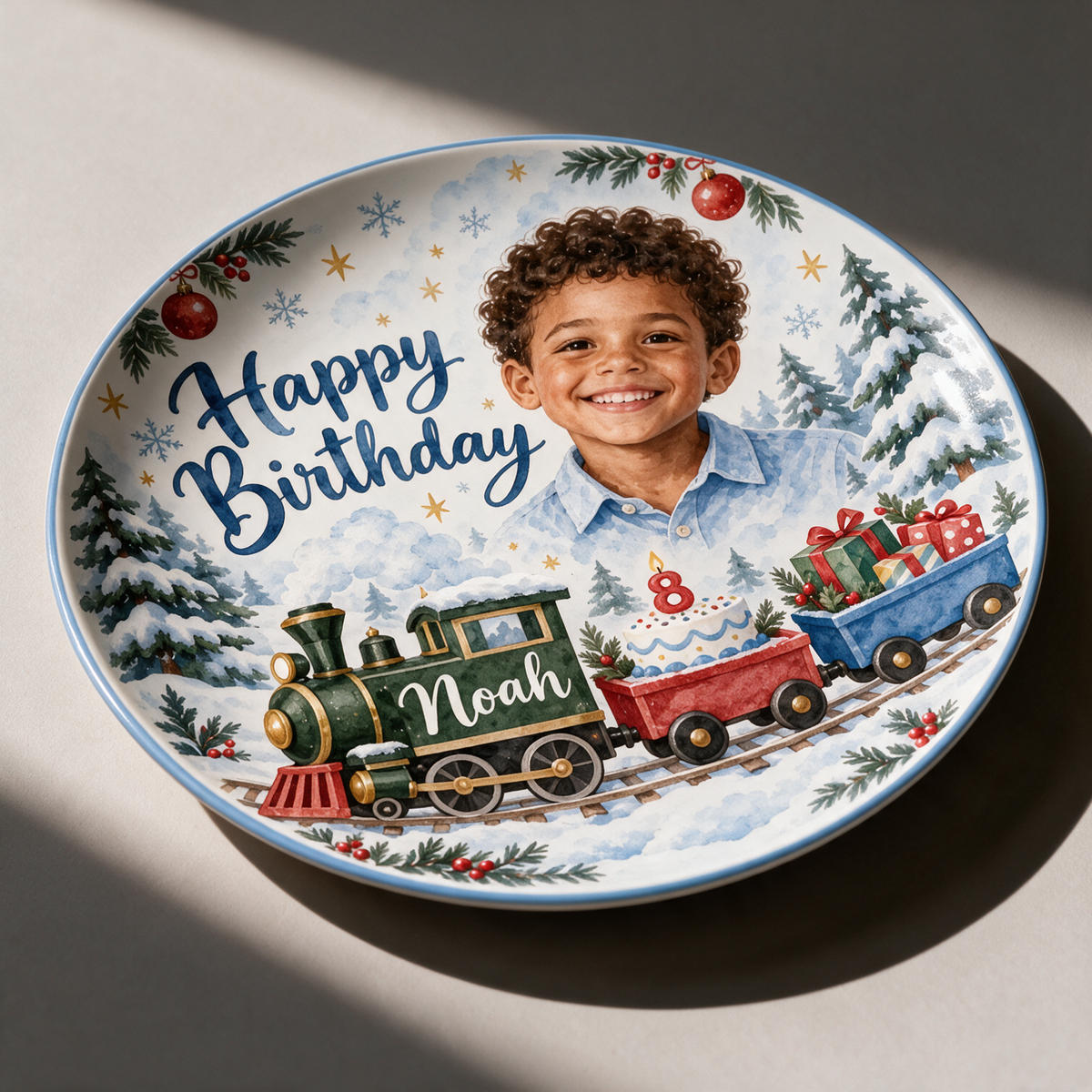 Assiette en céramique de train de Noël personnalisée - Portrait aquarelle d'anniversaire, nom et âge personnalisés