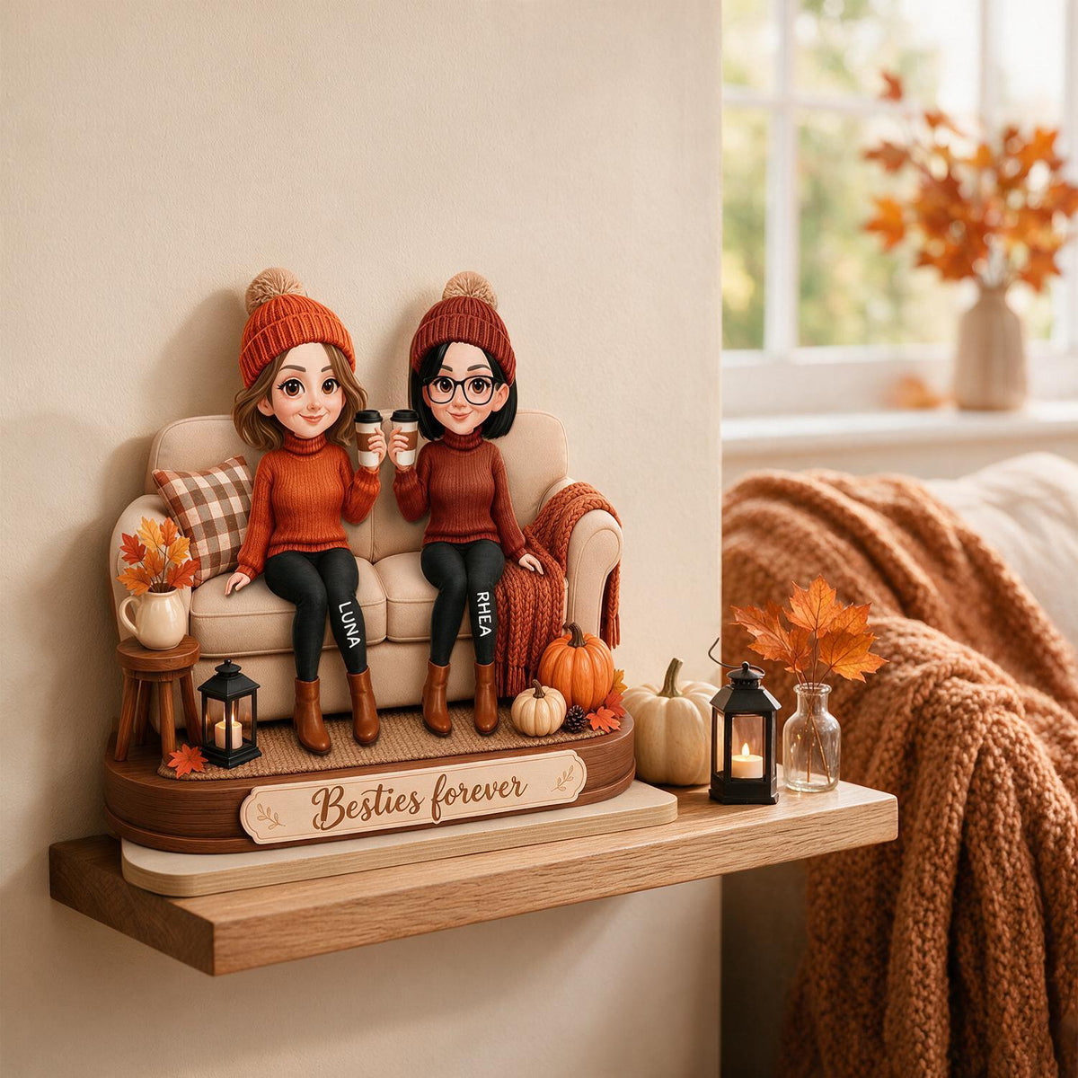 Personalized Fall Besties Forever On Sofa Wooden Plaque, BFF Friendship Gift