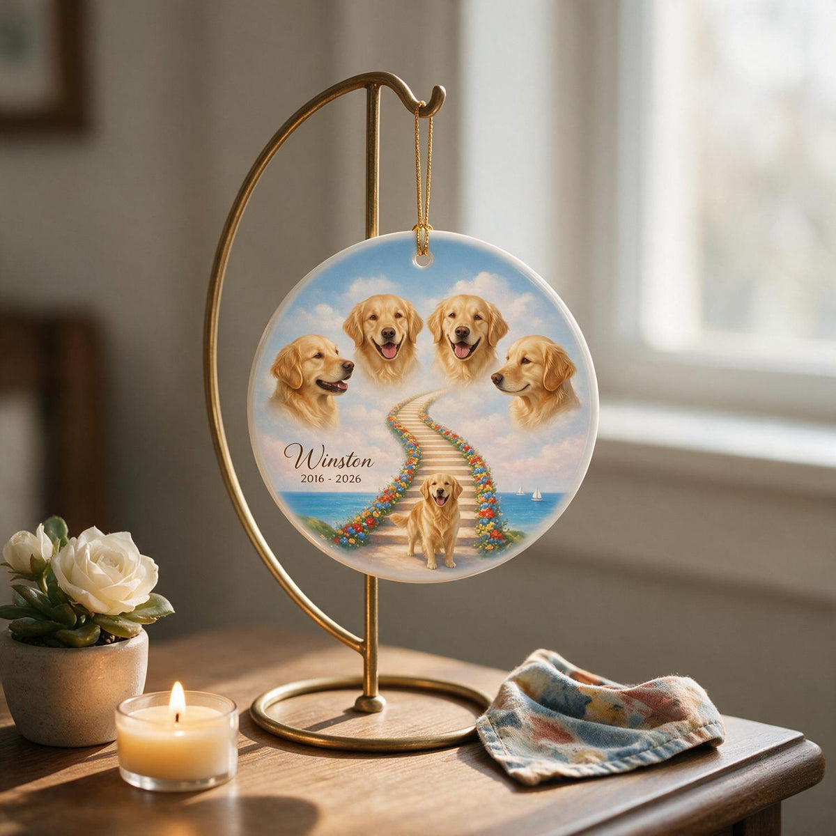 Tiergedenken Treppe zum Himmel - Personalisierte Keramikornament - Individuelles Tierfoto, Tierverlustgeschenk, Mitgefühlsgeschenk