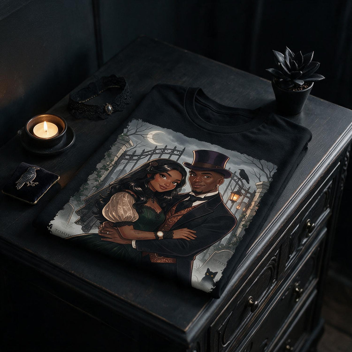 T-shirt Portrait Couple Gothique Personnalisé pour Halloween, Cadeau d'Anniversaire