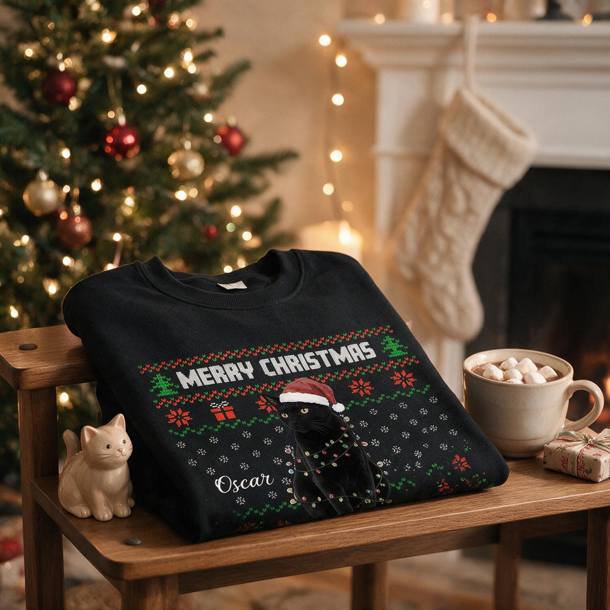 Personalized Christmas Black Cat Ugly Sweatshirt, Cat Lover Holiday Gift