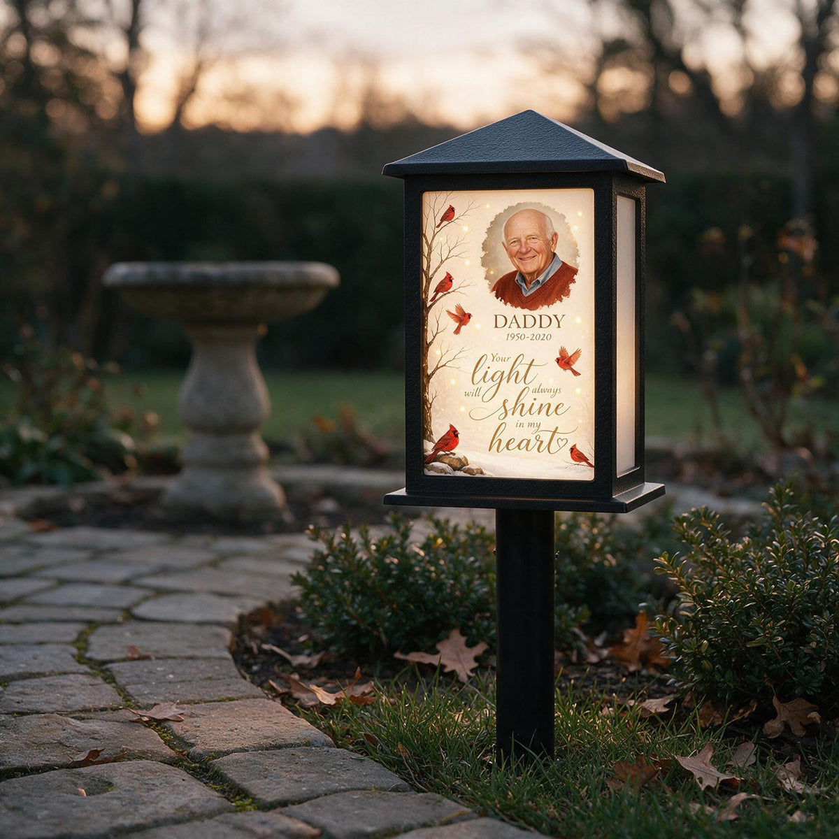 Your Light Will Always Shine in My Heart Cardinal Memorial - Personalized Solar Garden Light - Heartfelt Sympathy Gift for Loved Ones