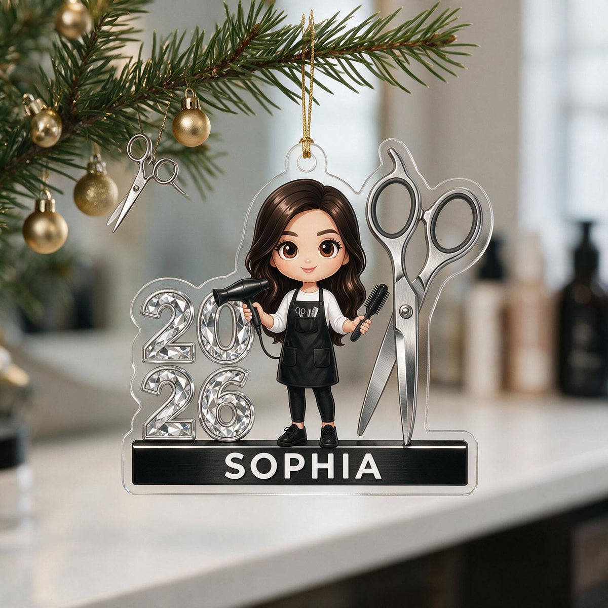 Personalisierte 2026 Frauenfriseur Acryl Ornament - Friseurin Weihnachtsgeschenk