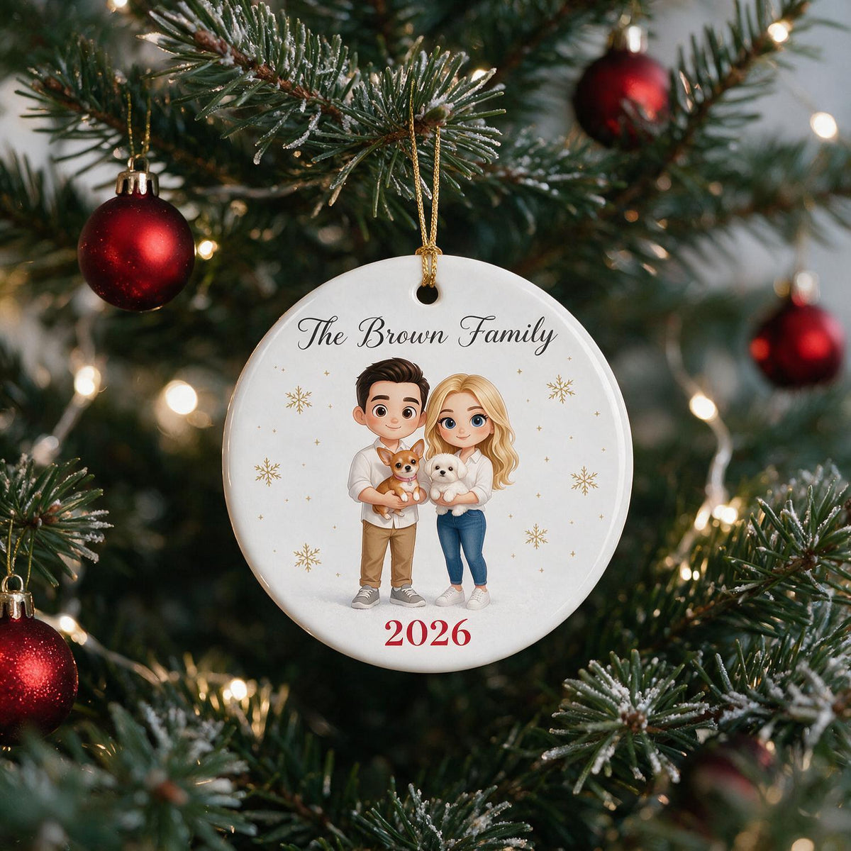 Personalized Christmas Family & Pet Cartoon Portrait Ceramic Ornament Keepsake