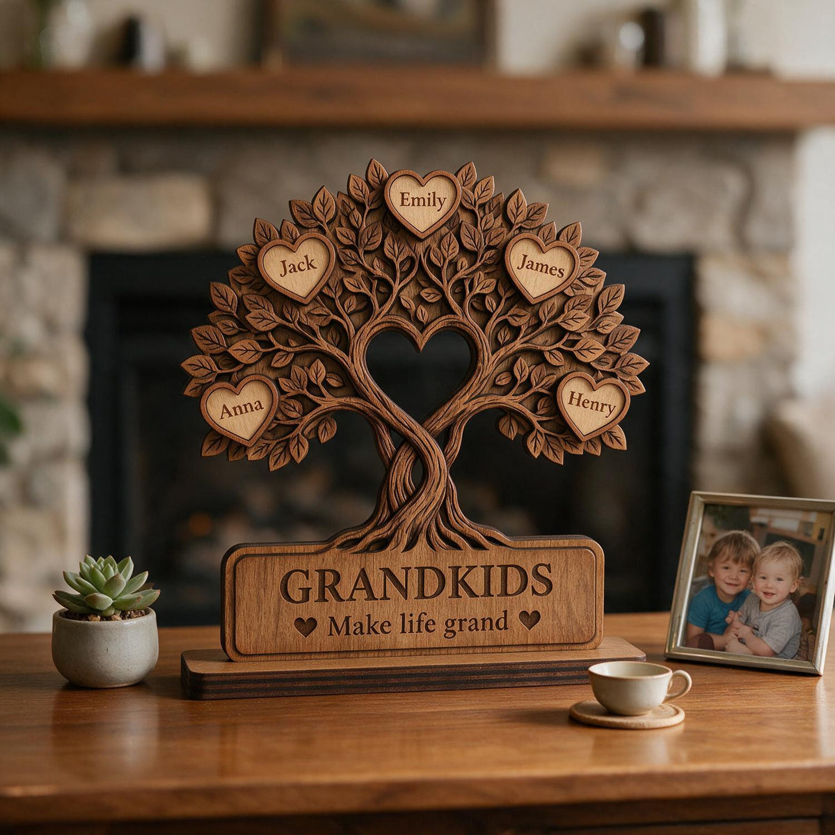 Plaque en Bois en Forme de Cœur Arbre de Famille Personnalisée - Cadeau Souvenir pour Grands-Parents