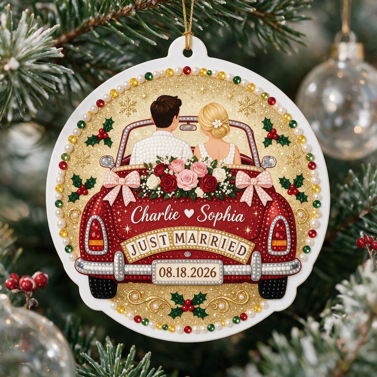 Personalisierte Weihnachts Just Married Hochzeitsauto Paar Acryl Ornament Geschenk für Neuvermählte