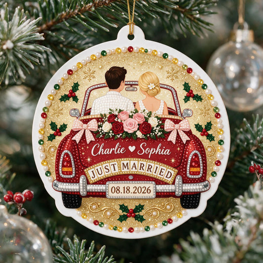 Personalisierte Weihnachts Just Married Hochzeitsauto Paar Acryl Ornament Geschenk für Neuvermählte