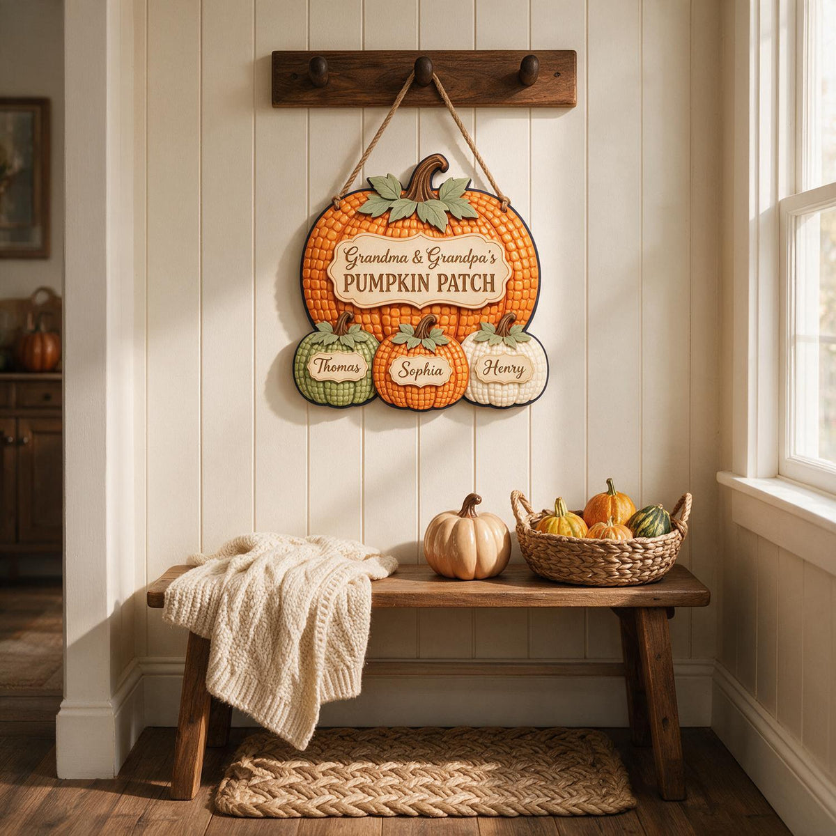 Panneau en Bois Personnalisé de Citrouille d'Automne pour Grands-Parents, Décoration Murale Familiale Personnalisée