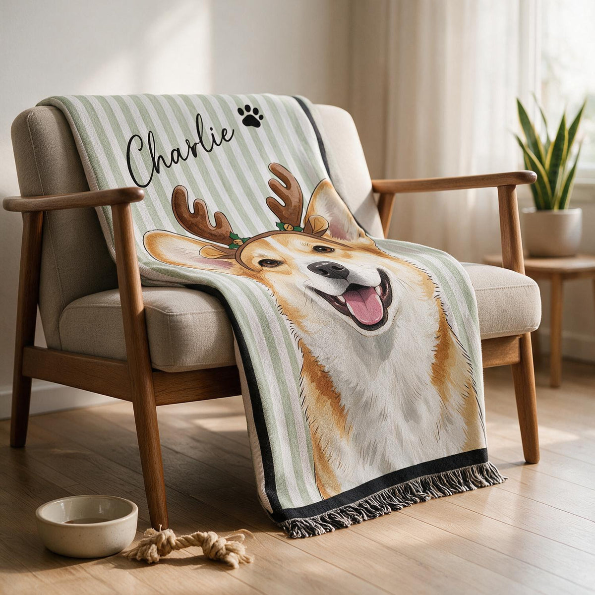 Personalized Christmas Smiling Corgi Reindeer Striped Woven Blanket, Custom Pet Portrait Gift