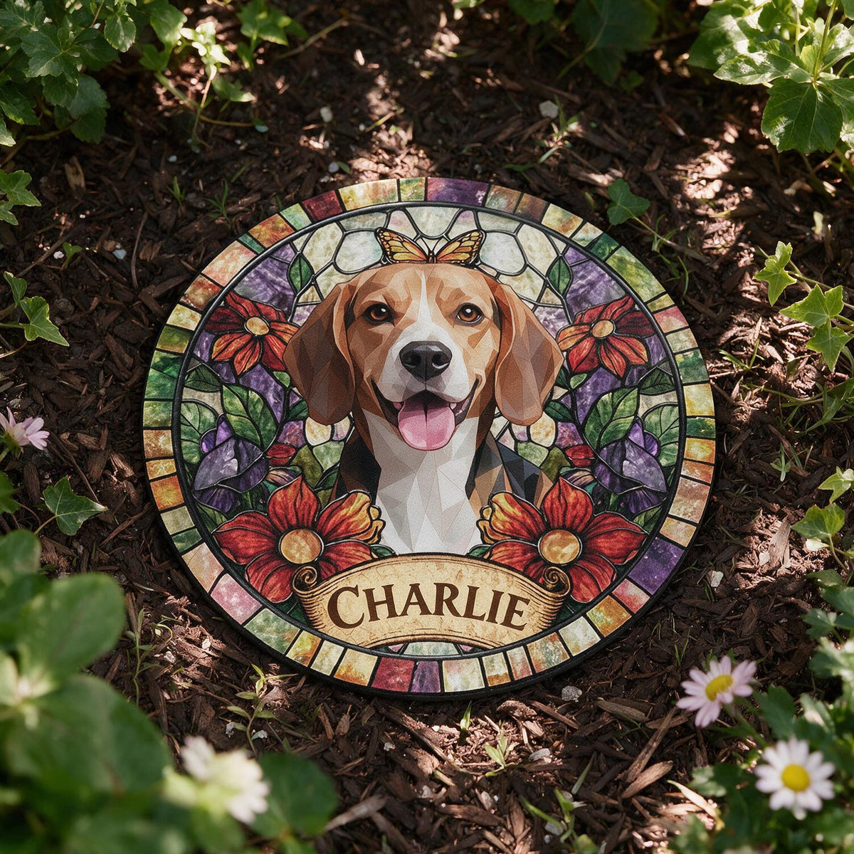 Personalized Smiling Beagle Stained Glass Style Garden Stone Pet Loss Memorial Gift