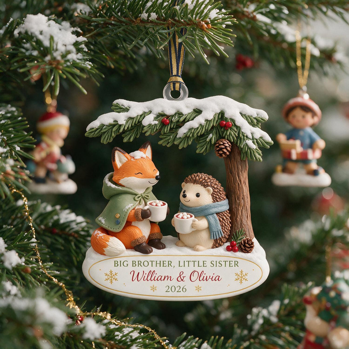 Personalized Christmas Big Brother Little Sister Woodland Fox & Hedgehog Acrylic Ornament Keepsake