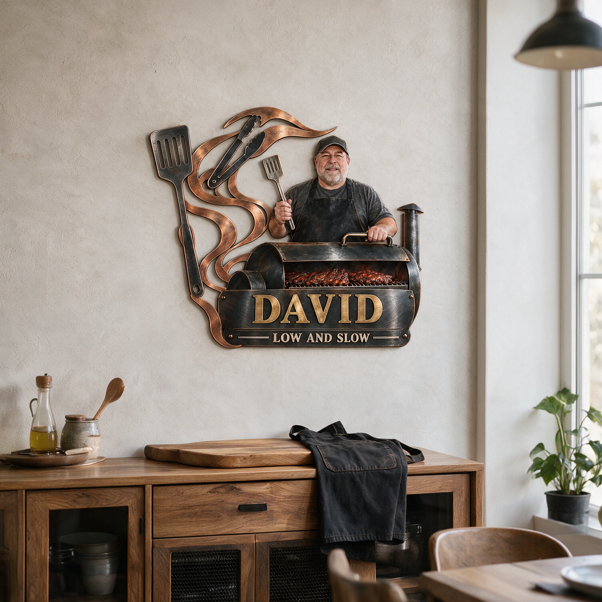 Personalisierte BBQ Metall Wandkunst - Individuelles Porträt und Name, Grill Wanddekoration