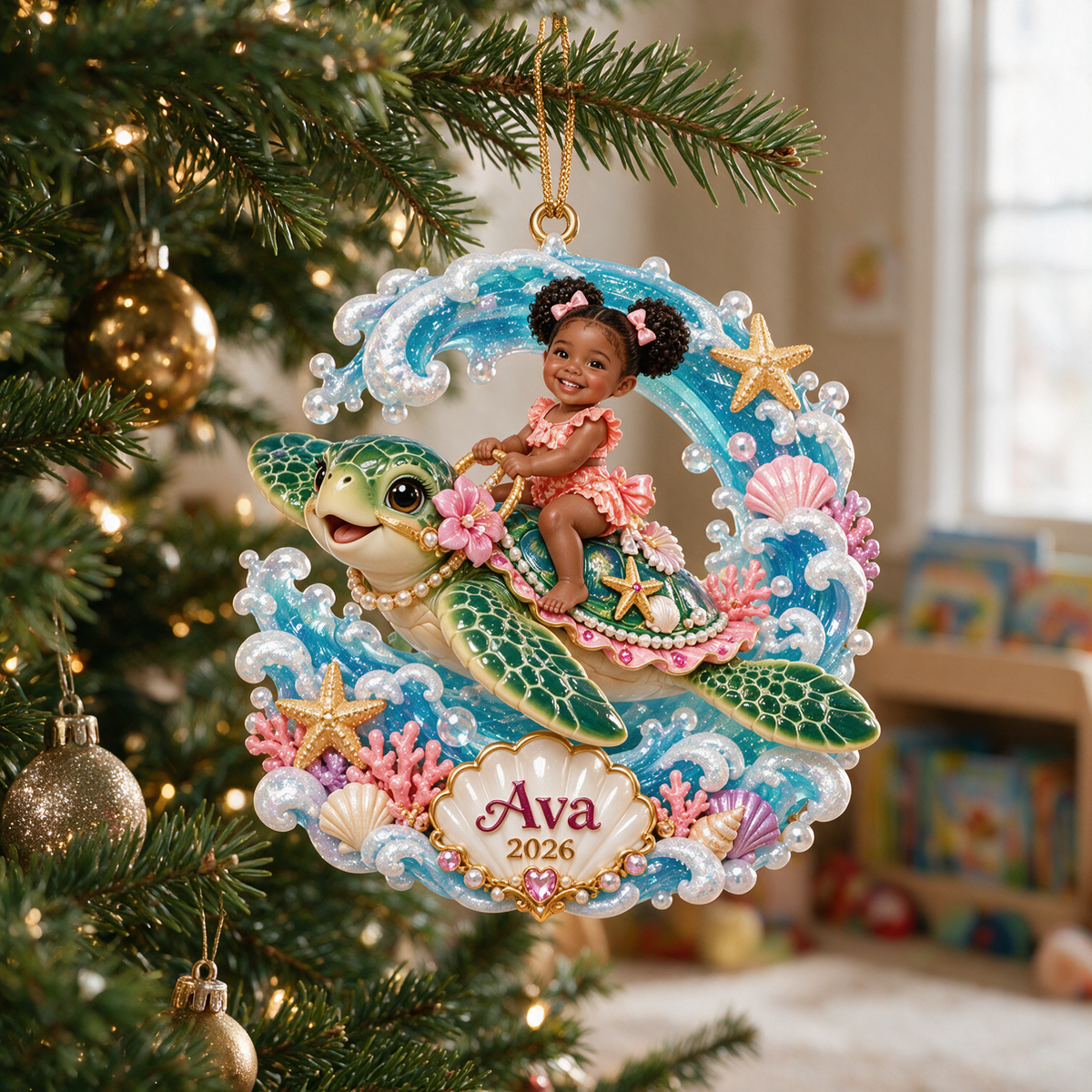 Personalized Custom Photo Sea Turtle 3D Ornament - 2026 Christmas Gift for Little Girls