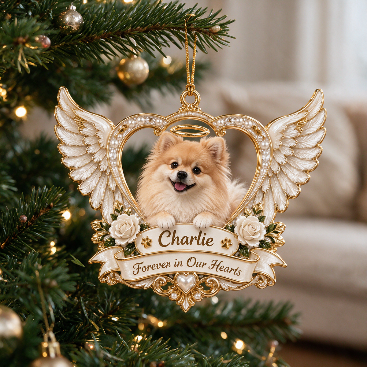 Personalized Custom Photo Pomeranian Memorial 3D Angel Wings Heart Ornament - Christmas Dog Lover Gift