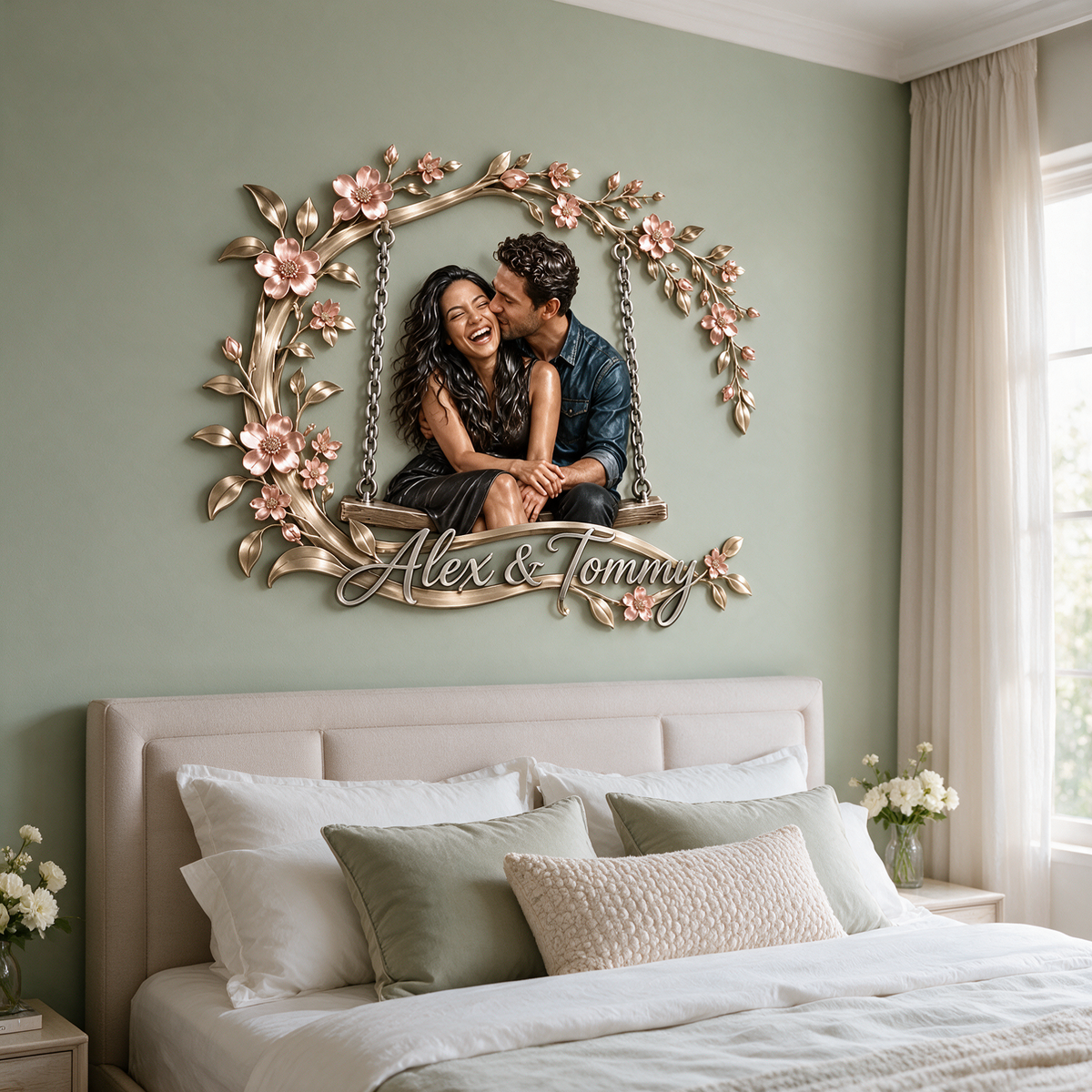 Art mural en métal 3D personnalisé avec photo florale - Cadeau pour couples