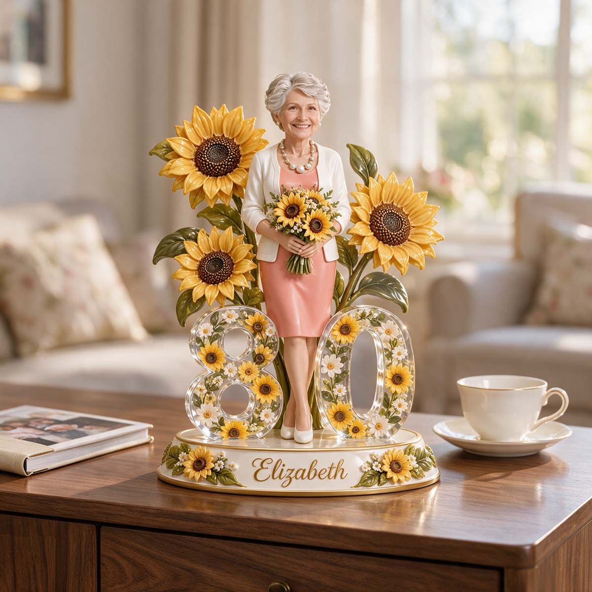 Personalisierte Geburtstagsfigur - Individuelles Porträt, Sonnenblumen-Geschenk
